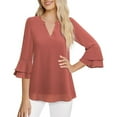 thumbnail image 4 of XuJwPNcy Womens Chiffon Tops Solid Color 3/4 Bell Sleeve V Neck Blouse Casual Comfy Business Work Tunic Shirts, 4 of 5