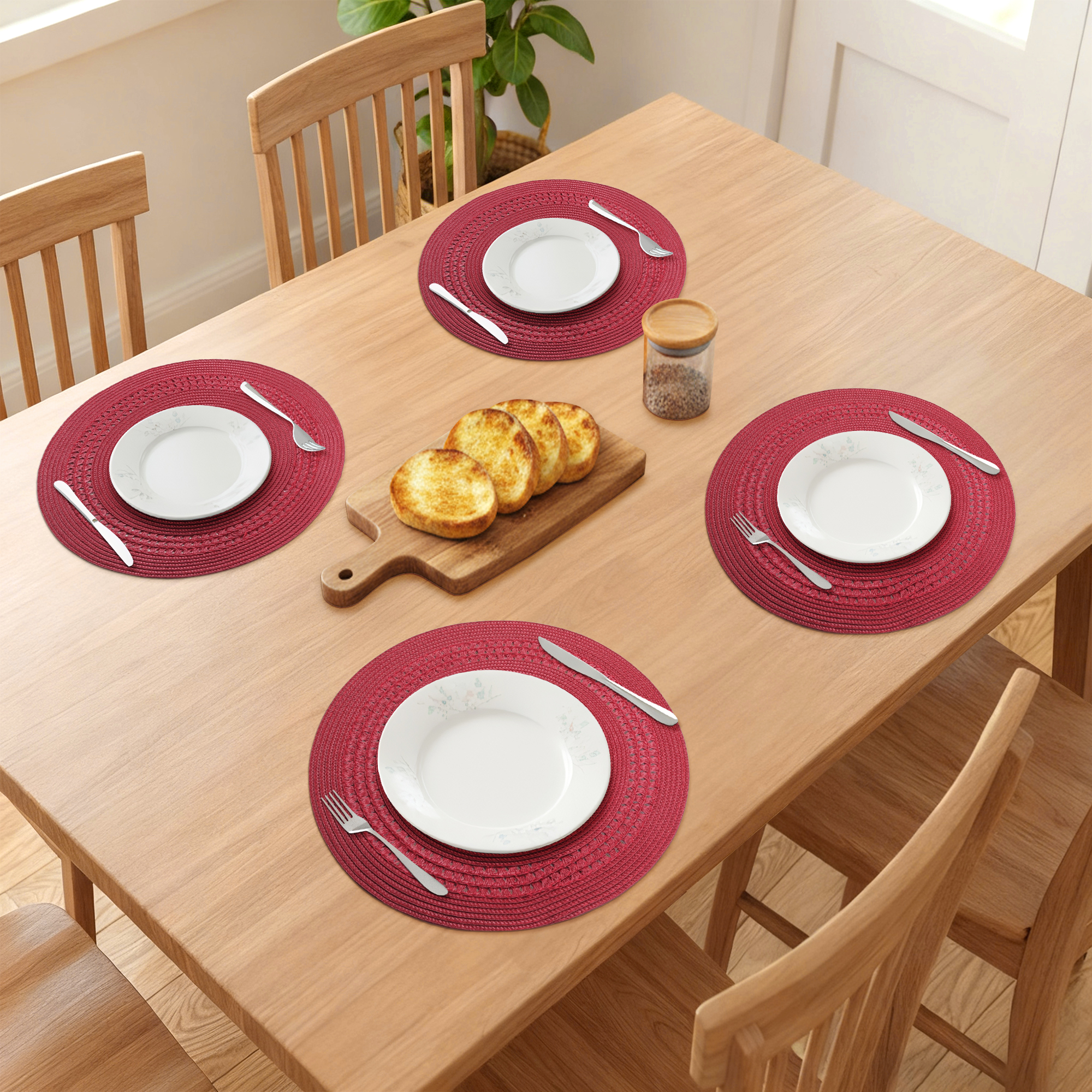Unique Bargains Farmhouse Round Placemats Set of 6 Woven Placemats Wine Red