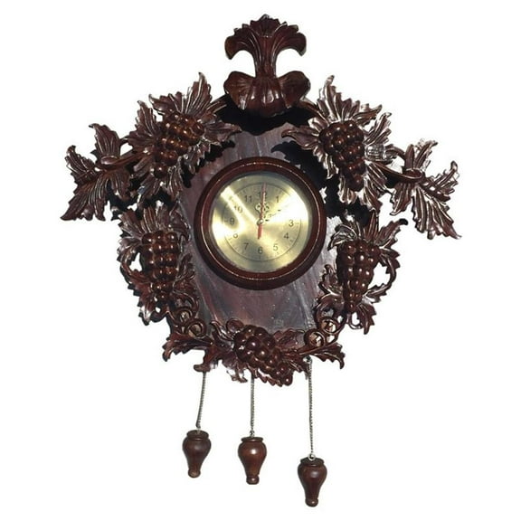 D-Art Collection Mahogany Wood and Veneer Carved Grape Clock in Dark Brown