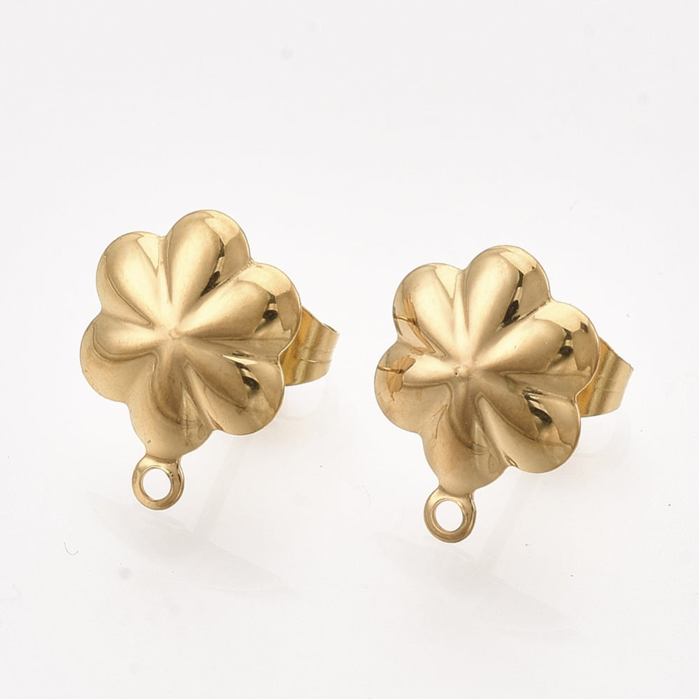 304 Stainless Steel Stud Earring Findings with Loop and Ear Nuts/Earring Backs Flower Golden 13.5x10mm Hole: 1mm Pin: 0.7mm 100pc