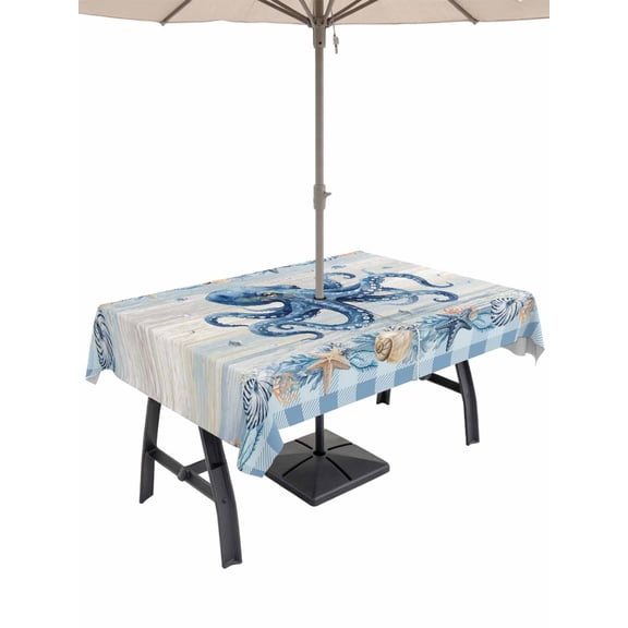 Outdoor Tablecloth with Umbrella Hole & Zipper, Blue Octopus Coastal Rectangle Tablecloth 52x70 Inch, Summer Beach Coral Starfish Shell Vintage Patio Table Cover Waterproof Table Cloth for Picnic
