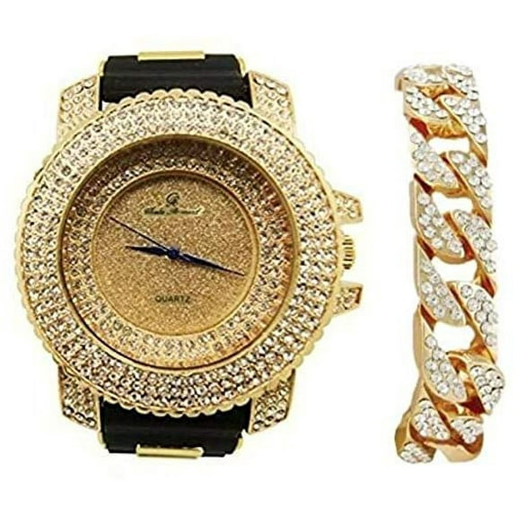 Bling-ed Out Hip Hop Rubber Bullet Band Mens Watch and Iced Cuban Bracelet - RWC2021 (7973 Gold Cuban)