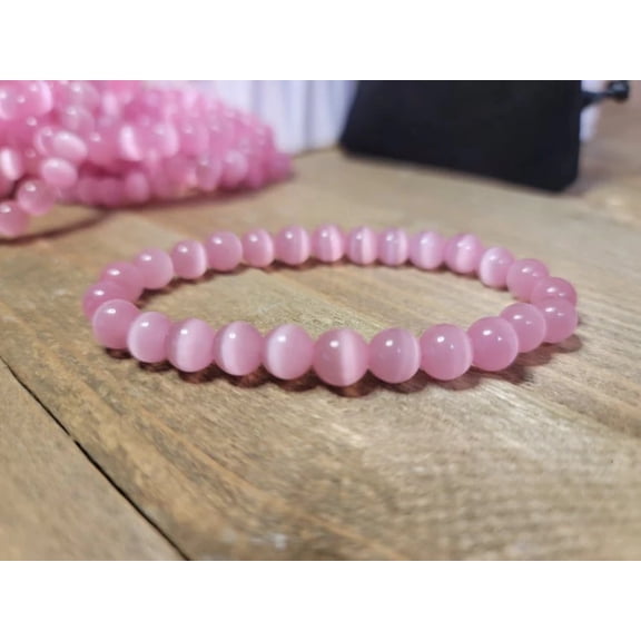 Pink Cats Eye Stone Bracelet Genuine bead bracelet stretch 19 inches, Beautiful gift for her,