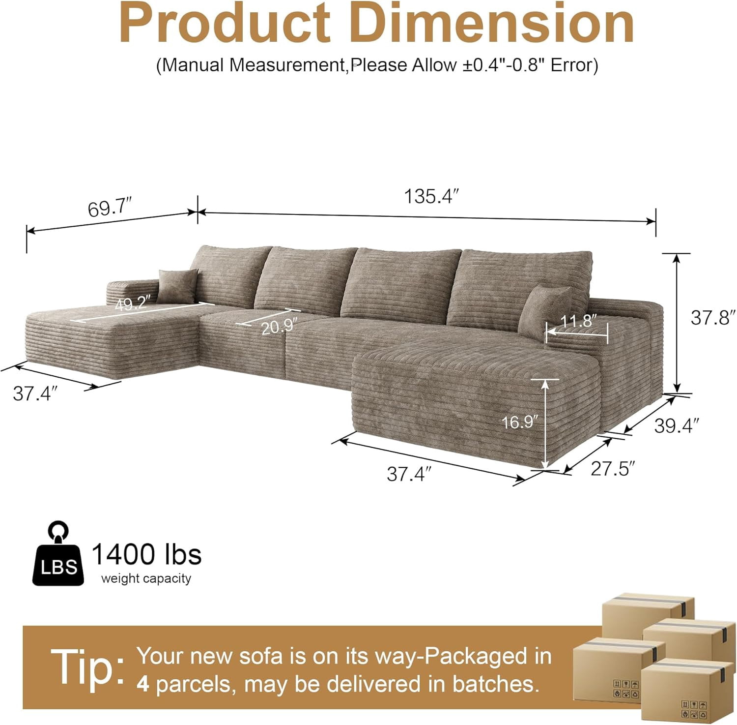 LUCKHAO 136" Cloud Comfort U-Sectional, Plush Corduroy Modular Sofa, Deep Seat Couch with Chaise, No Assembly Needed