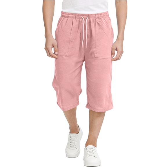PYGNJK Boys Linen Capri Cropped Pants Elastic High Waist Loose Fit Breathable Summer Casual Pants With Pockets
