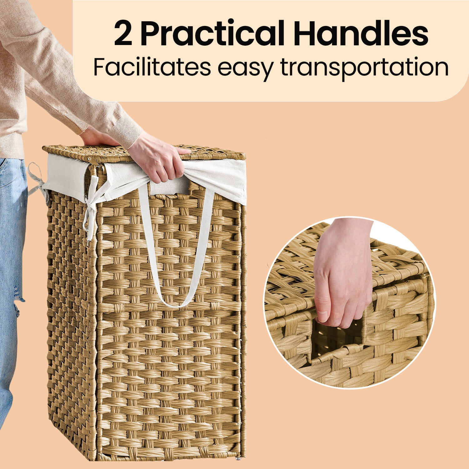 LEDREM Foldable Laundry Hamper with Removable Liner & Lid – 23.8 Gallon (90L) Synthetic Rattan Basket, Handles for Easy Carry, Space-Saving Design, Fits Bathroom，Bedroom, Goose Yellow