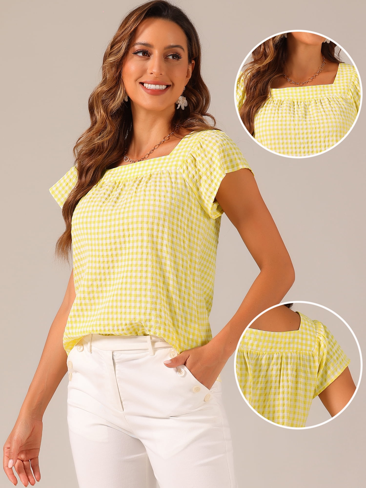 DARING DIVA Women's Summer Square Neck Gingham Cap Sleeves Blouses XS Yellow