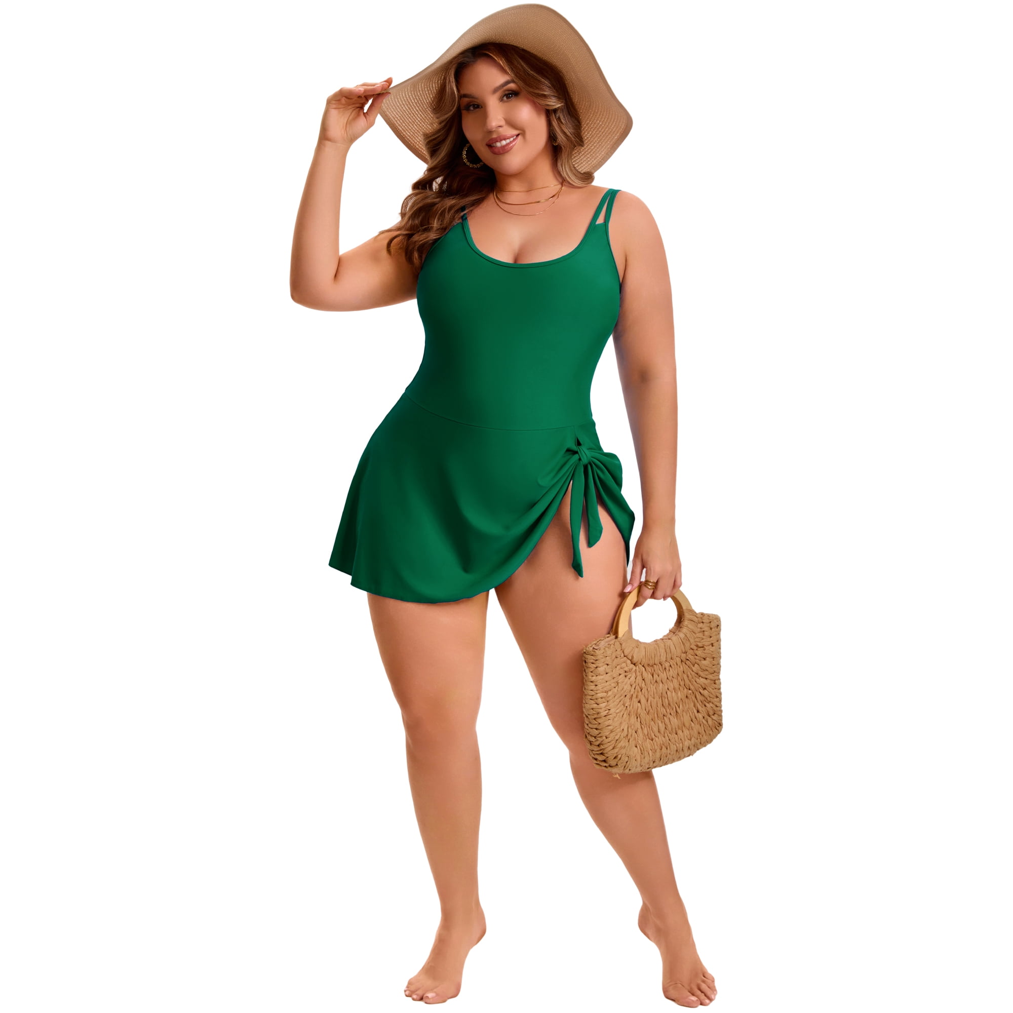 DARING DIVA Women's Plus 1 Piece Tummy Control Push Swimdress L Green