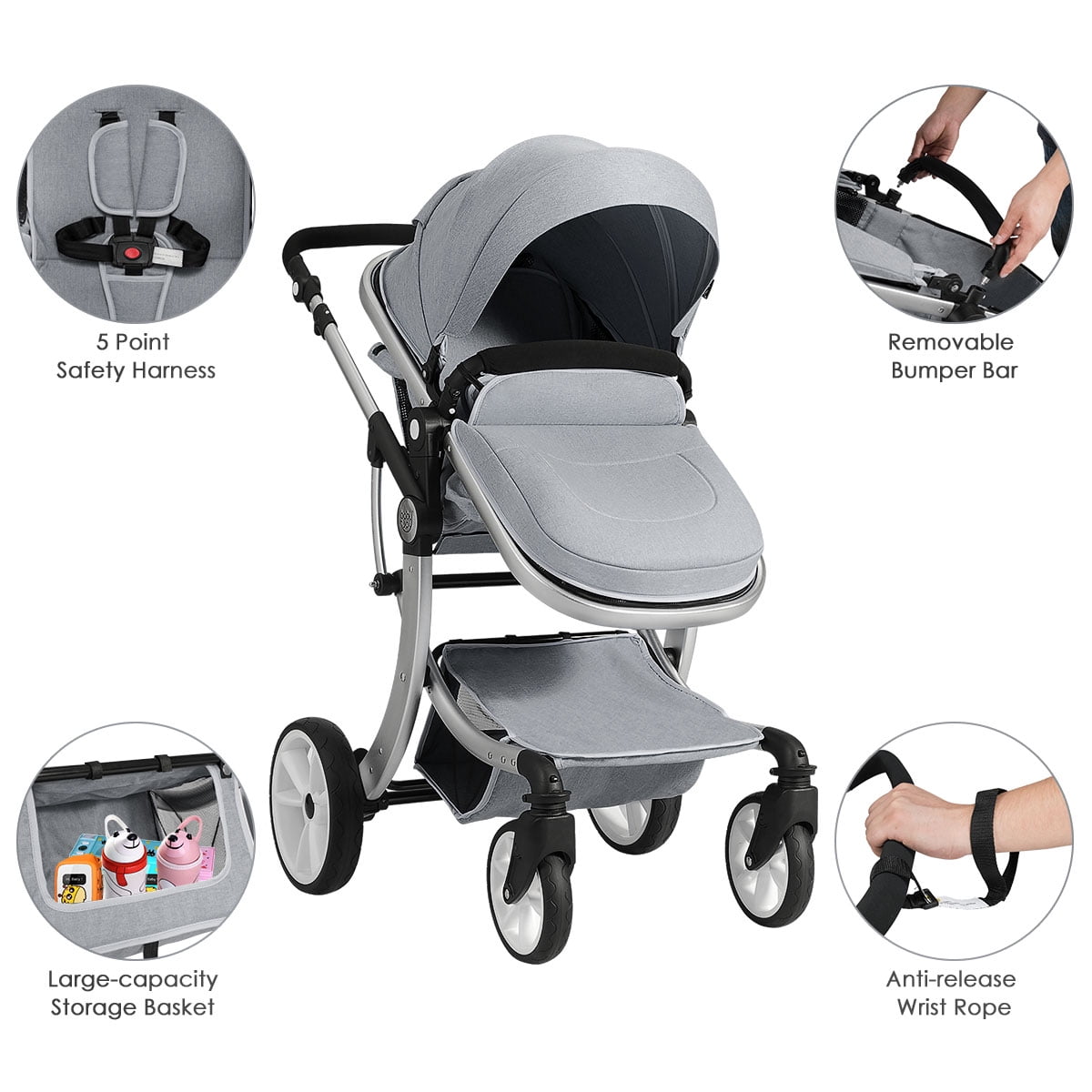 Infans Folding Aluminum Infant Reversible Baby Stroller W/ Diaper Bag Grey