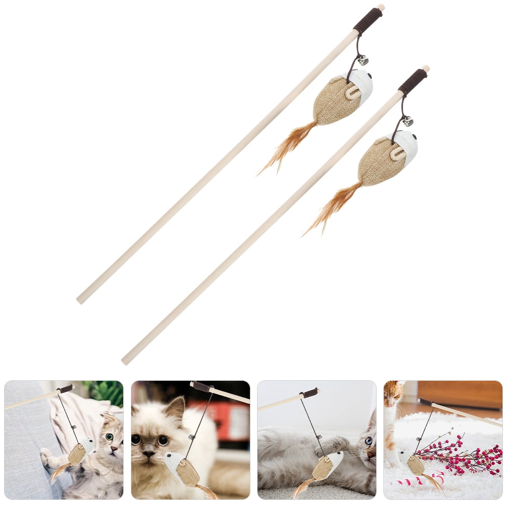 HONMEET 2Pcs Cotton Rope Cat Teaser Wand with Wood Handle and Plush Mouse for Cat Interaction