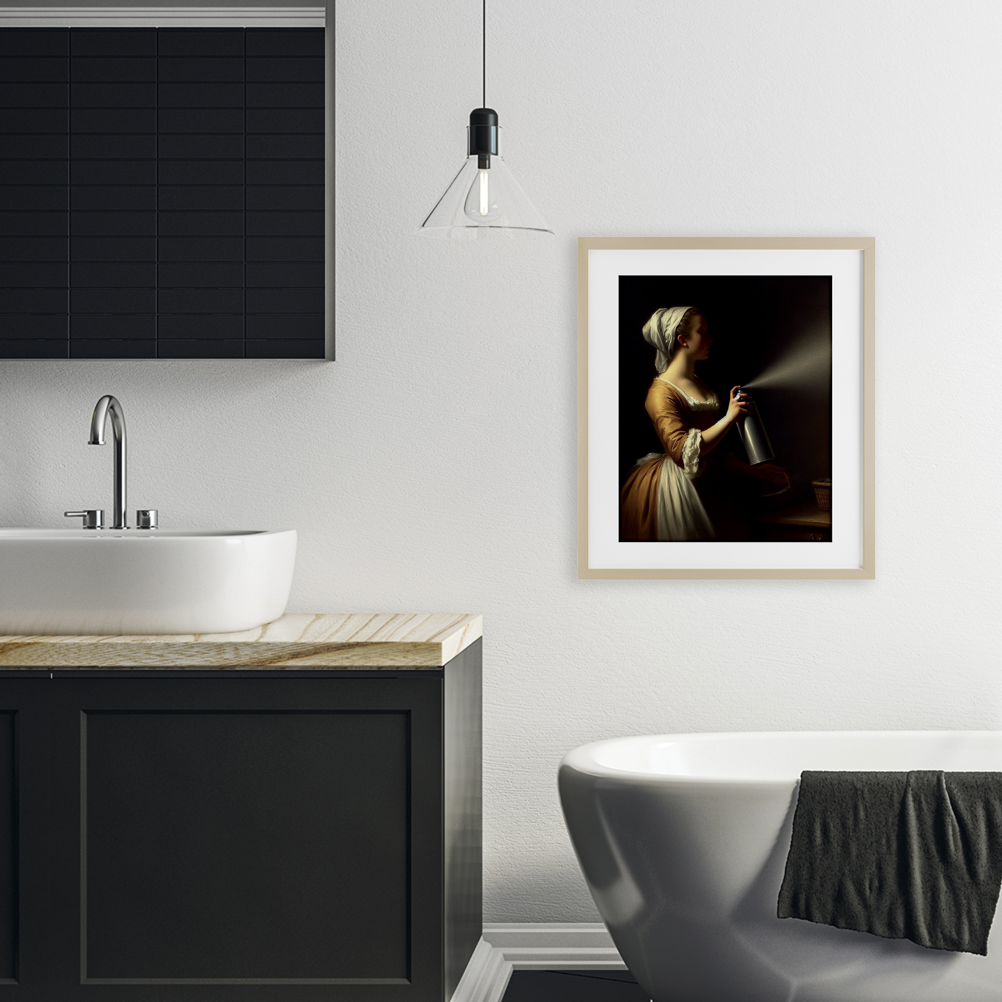 Funny Vintage Lady & Spray Paint Birch Framed Print Under Glass, design by Lettered and Lined