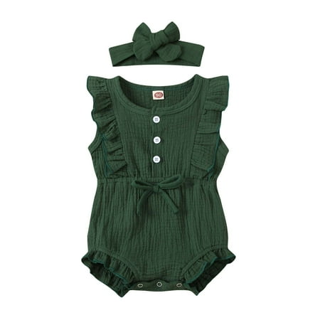 

Binmer Toddler Girl Baby Solid Color Jumpsuit Ruffled Bodysuit + Infant Headband