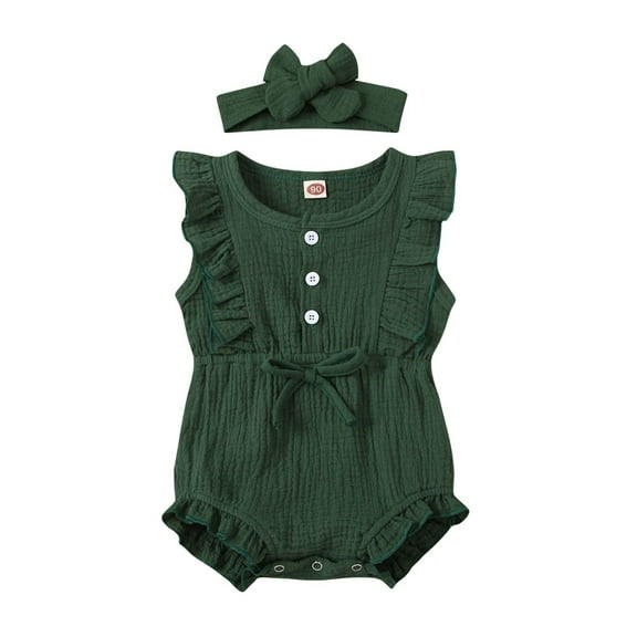 FRSASU Toddler Girl Baby Solid Color Jumpsuit Ruffled Bodysuit Infant Headband