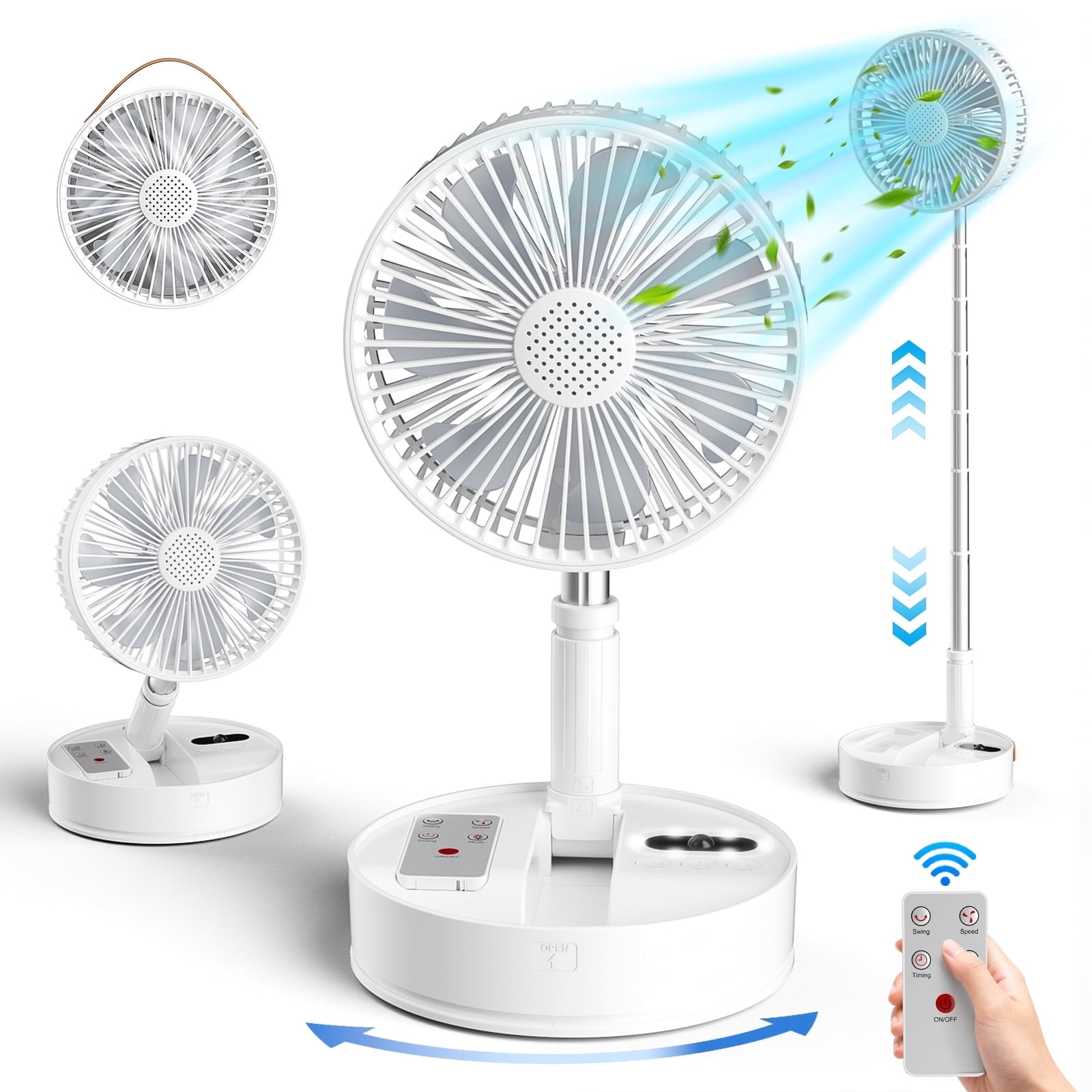 Areker Battery Operated Fan with Remote, 8in Height Adjustable Standing Fan with Night Light & Aroma Diffuser, 4 Speed 7200mAh Rechargeable Pedestal Fan for Bedroom Office Camping Travel