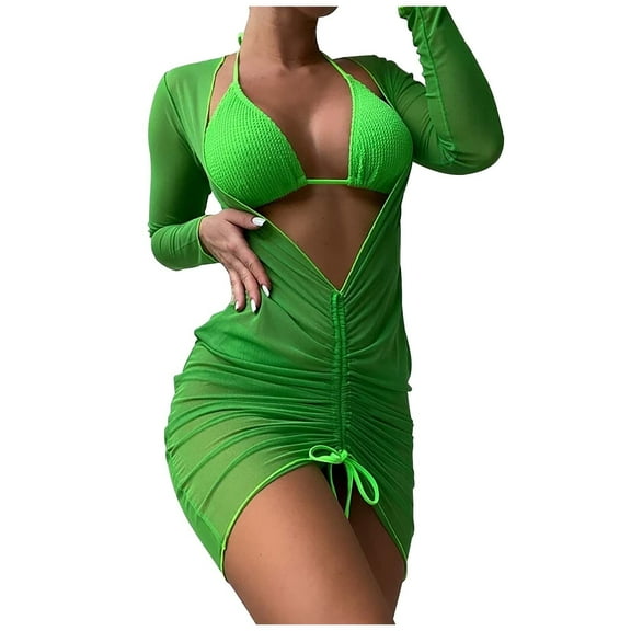 WREESH Womens Swimsuit Coverup Drawstring Deep V Neck Long Sleeve Beach Cover Up Dress Solid Bikini Strap Bikini Deep V Split Swimsuit Set Three-Piece Bathing Suit Green