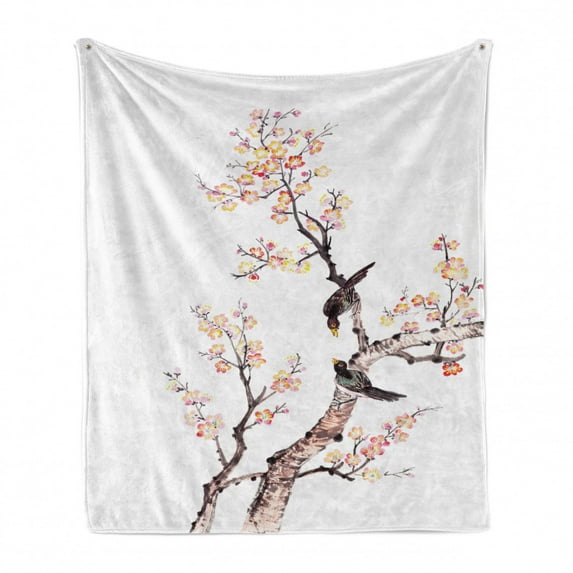 Art Soft Flannel Fleece Throw Blanket, Traditional Chinese Paint of Flowers Plum Blossom Birds on Tree Romance Print, Cozy Plush for Indoor and Outdoor Use, 50" x 60", Pale Yellow Brown, by Ambesonne