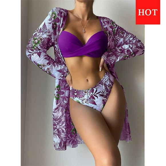 Three Pieces Bikini Set Cover Up Women 2022 New Push Up Twist Swimsuit Print Long Sleeve Swimwear Biquini Bathing Suit Summer