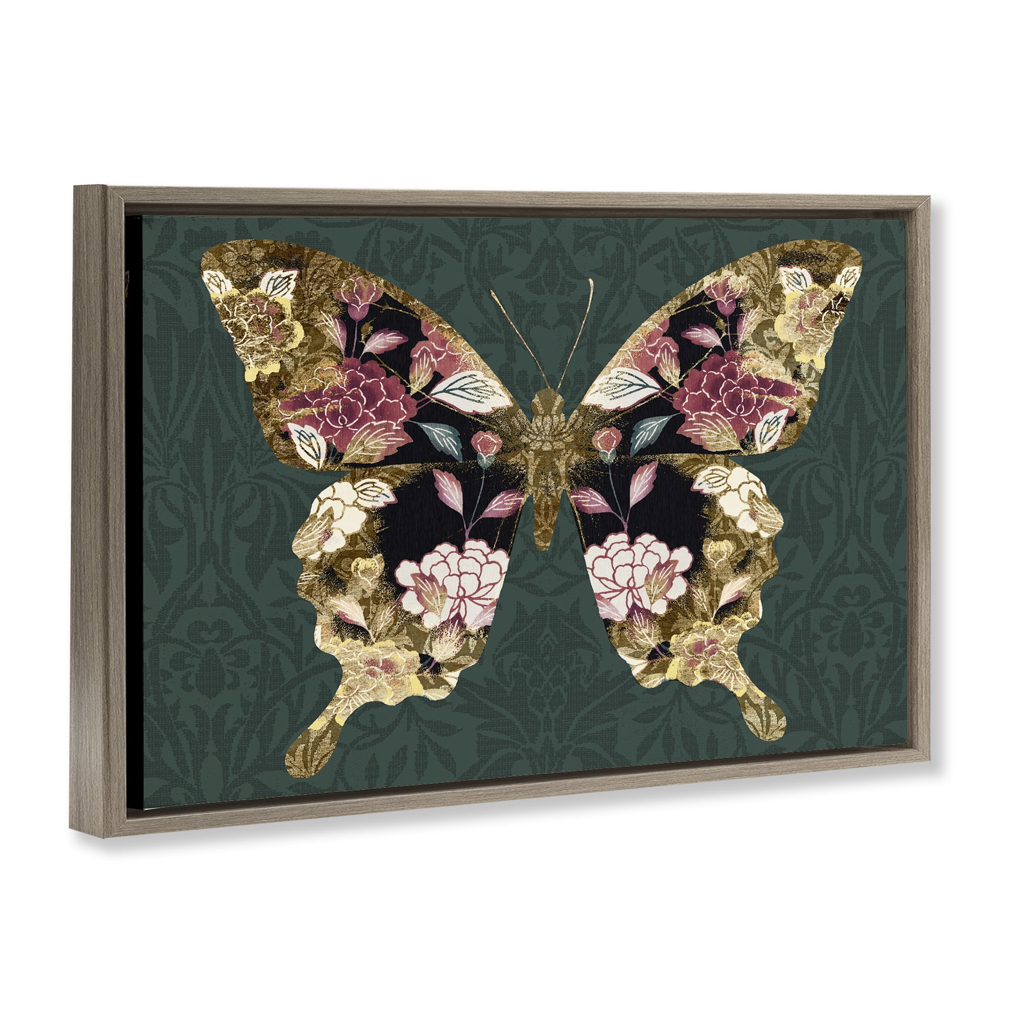 Stupell Industries Rococo Butterfly Pattern Animals Painting Brown Floater Framed Canvas Art Print Wall Art, 31 x 21