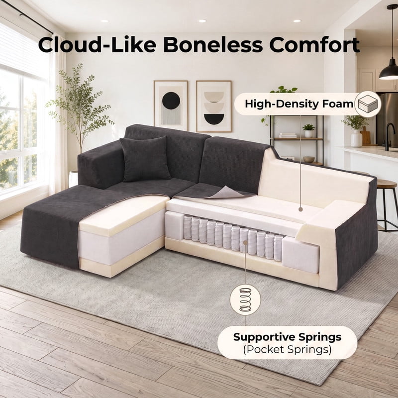 Gewnee 96" Modular Sleeper Sofa Bed, Boneless Sectional Couch with Deep Seat, Boneless Couches for Living Room, Black（Corduroy）