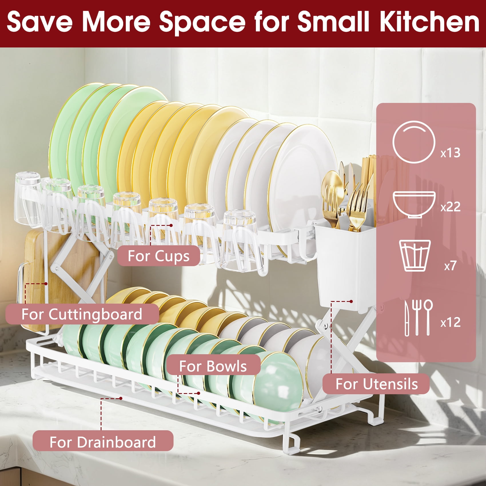 Glovv 2-Tier Large Dish Racks for Kitchen Counter, Space Saving Collapsible Dish Drying Rack, Dish Drainer Sink Organizer with Utensil Holder for Dishes, Spoons and Forks, White