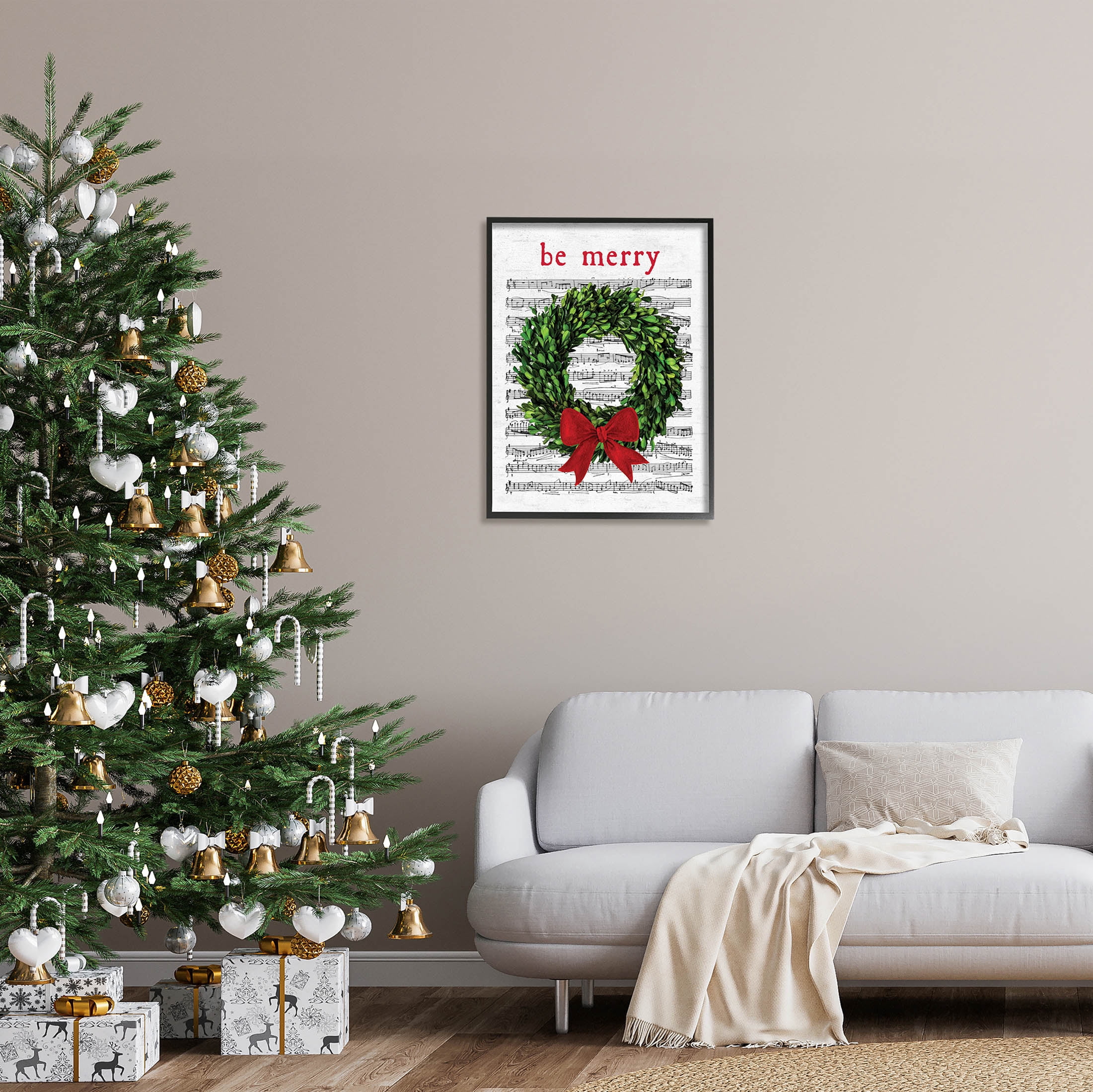 Stupell Industries Be Merry Holiday Music Wreath Graphic Art Black Framed Art Print Wall Art, Design by Lettered and Lined