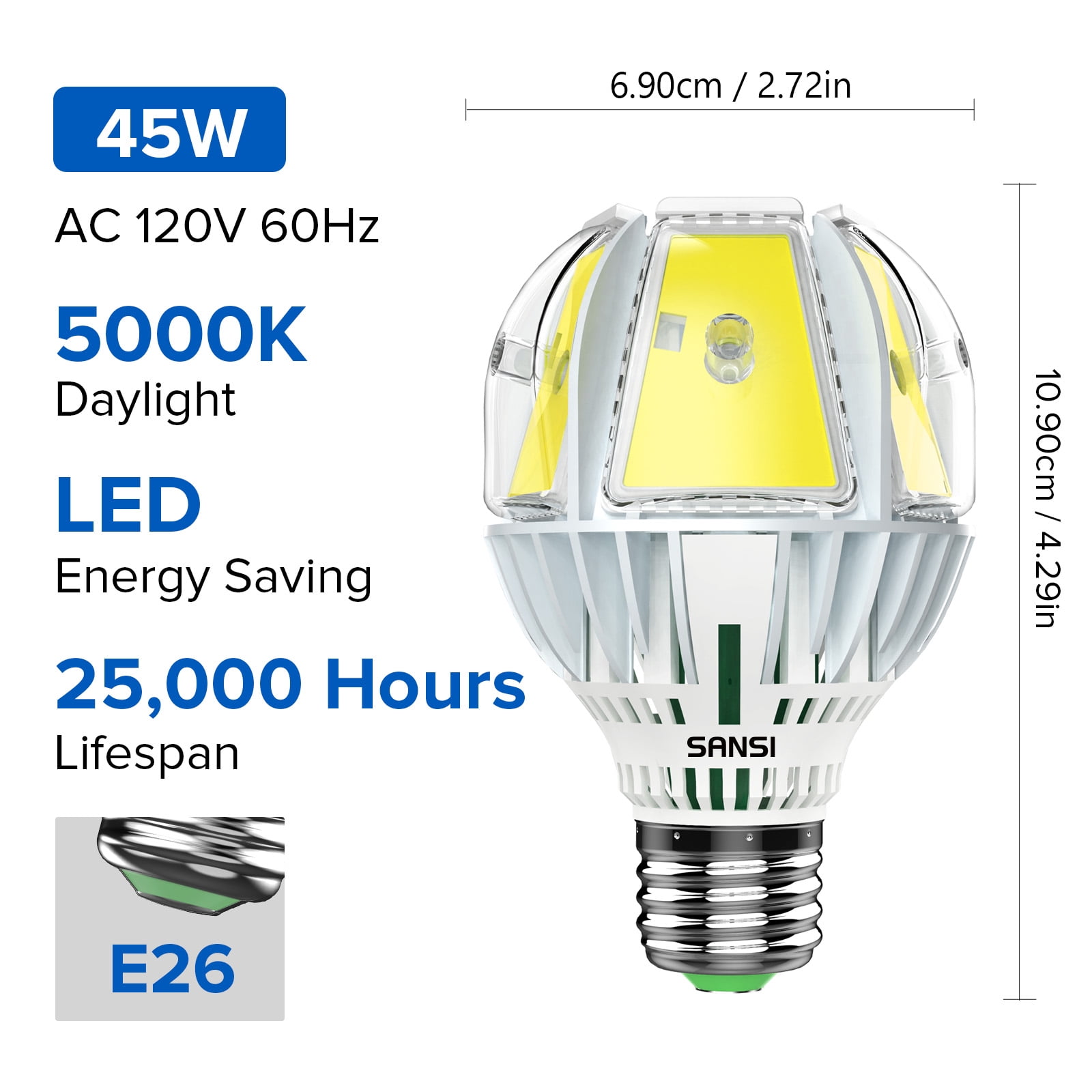 SANSI 45W (450W Equi) A19 LED Bulb, 7000 Lumens Ultra Bright Light Bulb, 5000K Daylight Non-Dimmable