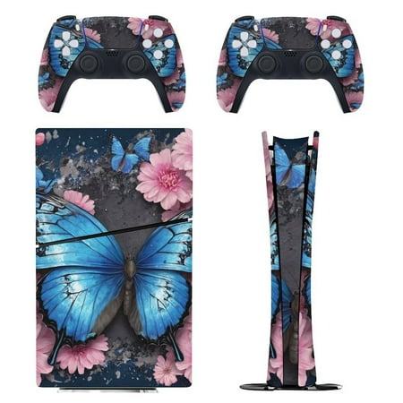 Blue Butterfly Flowers Console Skin Bundle for PS5 Pro Slim Disc & Digital / PS4 - Full Wrap + Dual Controller Flair