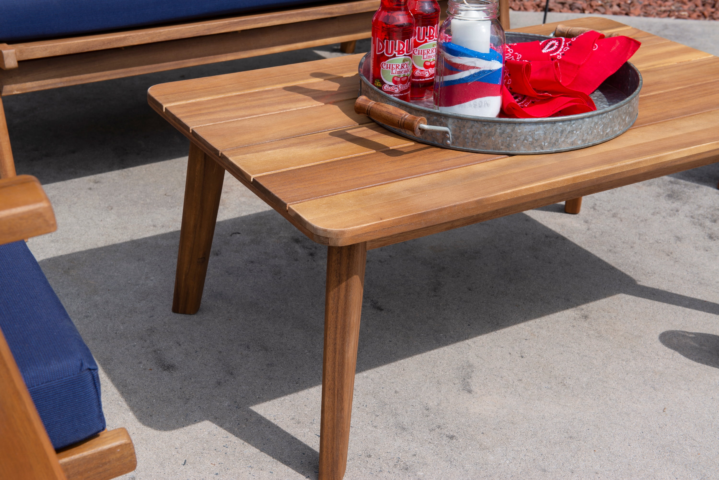 Linon Lathan 4-Piece Acacia Outdoor Conversation Set with Coffee Table, Loveseat & Chairs, Walnut/Dark Blue