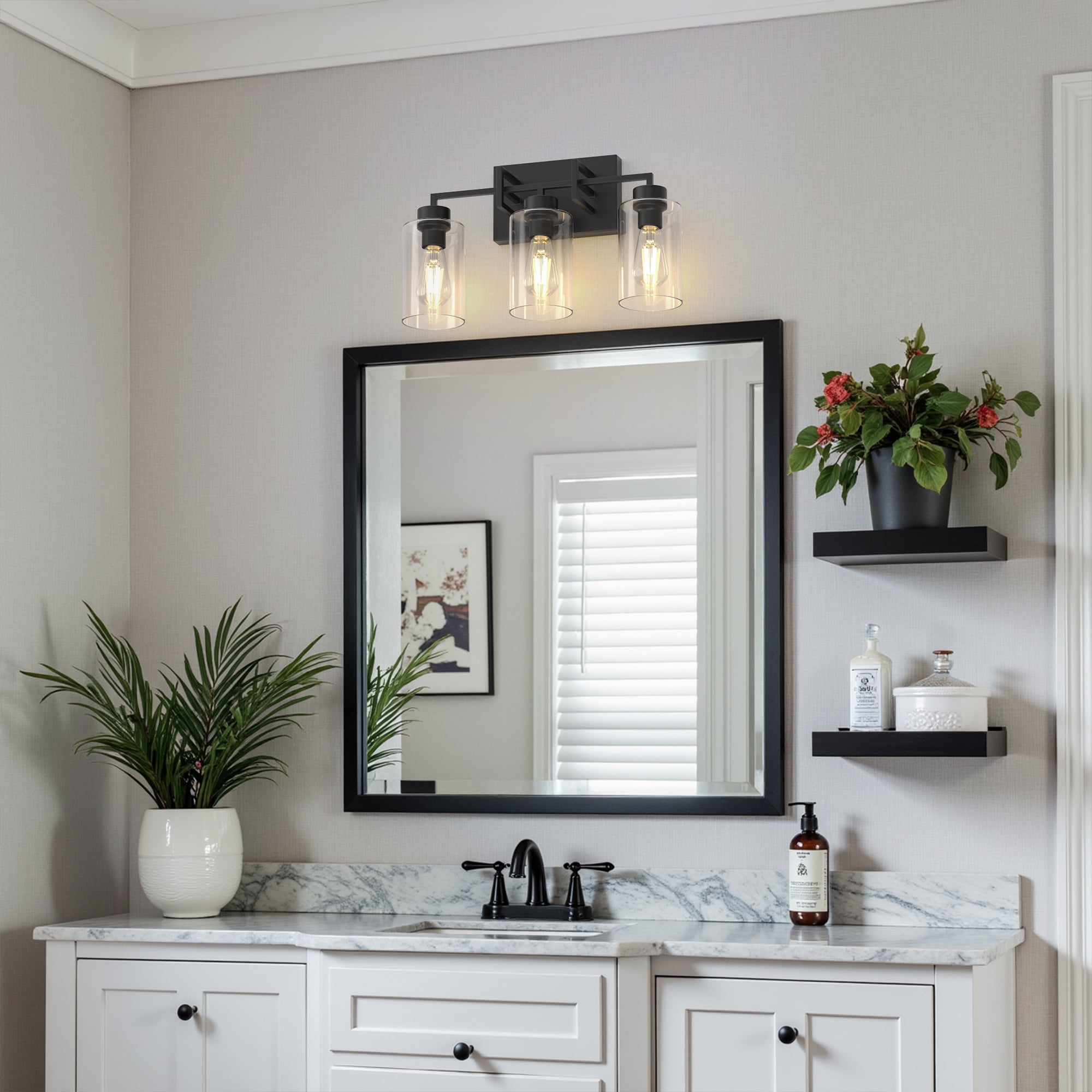 YANSUN 17.71 in 3-Light Black Farmhouse Bathroom Vanity Light with Glass Shades, Vanity Lights for Living Room Bedroom Hallway, E26 Bulb Base