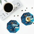 thumbnail image 4 of Honeii Blue Iceberg Leaf Wolf print Leather Coaster Set of 4, ideal for safeguarding your furniture from drinks spills and effortless cleanup-Octagon, 4 of 6