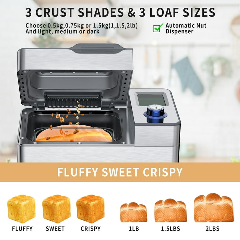 VAVSEA 25 in 1 Stainless Steel Bread Maker, 2LB Dough & Bread Maker Machine  with Auto Fruit and Nut Dispenser, Reserve & Keep Warm Set