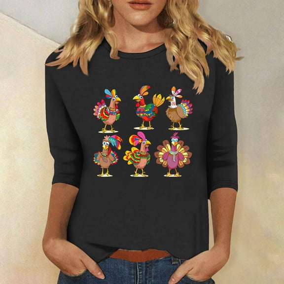 Inverlee Womens Thanksgiving Shirts Plus Size Turkey Pumpkin Print Tees Comfy 3/4 Sleeve Cotton T-shirts Crewneck Dressy Casual Blouse Tops