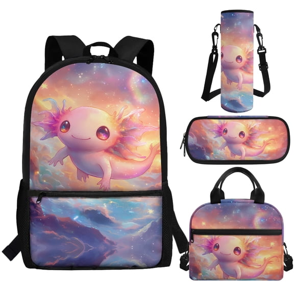 Jeiento Cute Axolotl Backpack for School Girls 3nd/4th Grade Kids School Bag Set 4Pcs Elementary School Bookbag with Lunch Box and Pencil Case Water Bottle Carrier Schoolbag Daypack