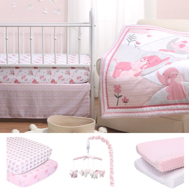 The Peanutshell Pink Elephant 8 Piece Baby Nursery Crib Bedding Set