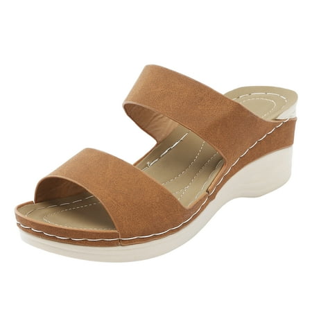 

Women Shoes Sandals Solid Color Printed Leather Wedge Soft Sole Sandals Casual Open Toe Vintage Solid Color Platform Sandals Women