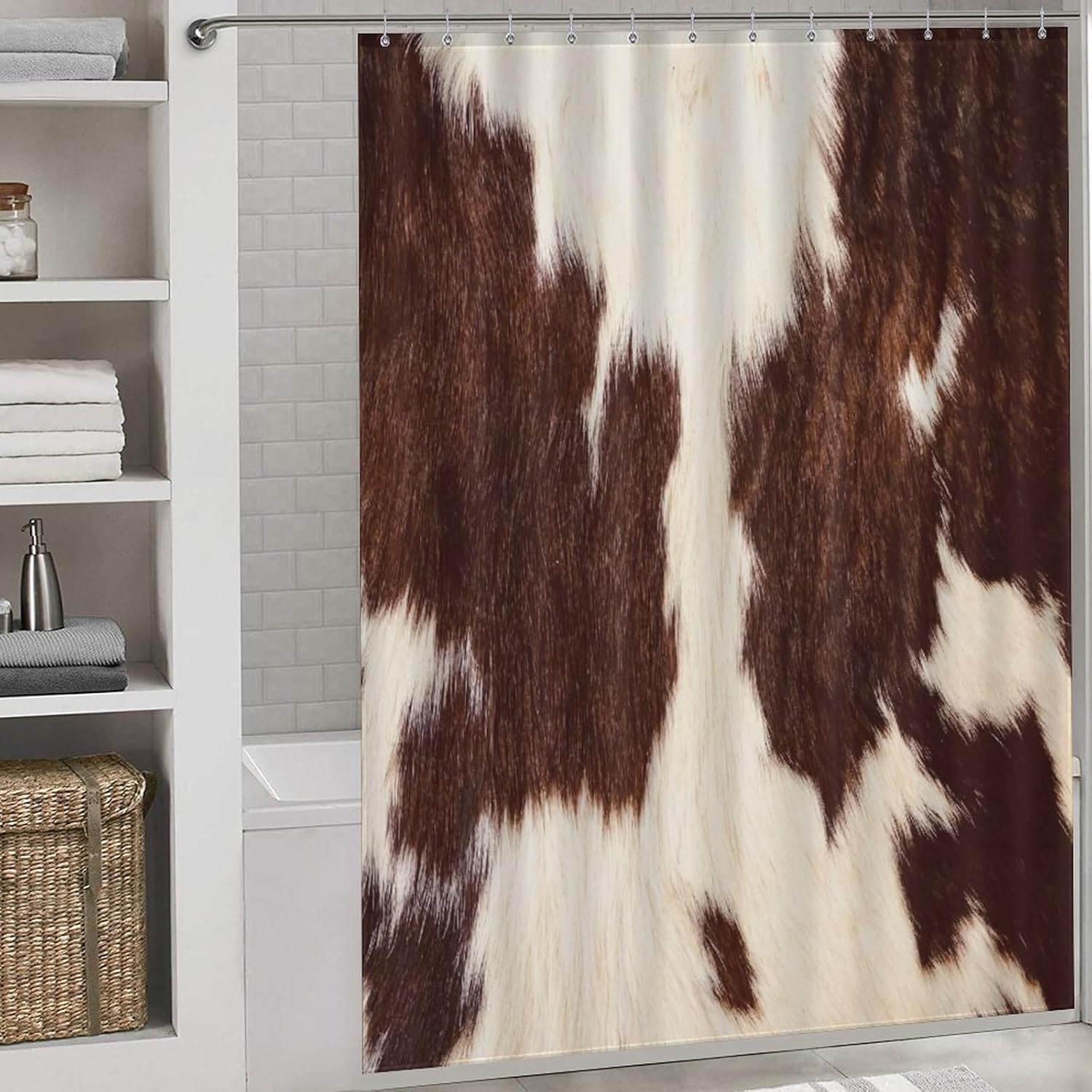 Cowhide Print Shower Curtain Brown Cow Printed Western Farmhouse Rustic Pattern Print Shower Curtains Sets Polyester Waterproof Fabric Decor Bathroom Curtain with Hooks-72"W x 86"L (Pack of 1)