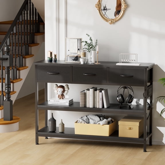 GIKPAL Console Table with Power Outlet,43.3" L Narrow Sofa Table with Fabric Drawers, Entryway Table Behind Couch Table for Entryway, Hallway, Foyer, Living Room, Bedroom, Black