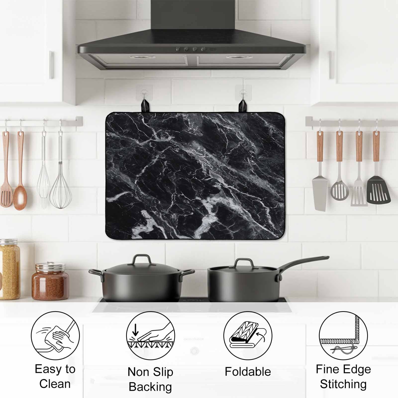 Black Marble Stove Top Cover for Electric Stove, Heat-proof & Non Slip Glass Top Stove Cover Protector, Vintage Minimalism White Abstract Texture Kitchen Flat Cooktop Rubber Mat 24x21 Inches
