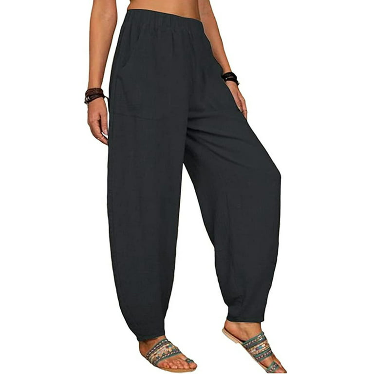 Zpanxa Women's Slacks Fashion Casual Solid Color Elastic Cotton And Linen Trousers  Pants Women's Sweatpants Work Pants 