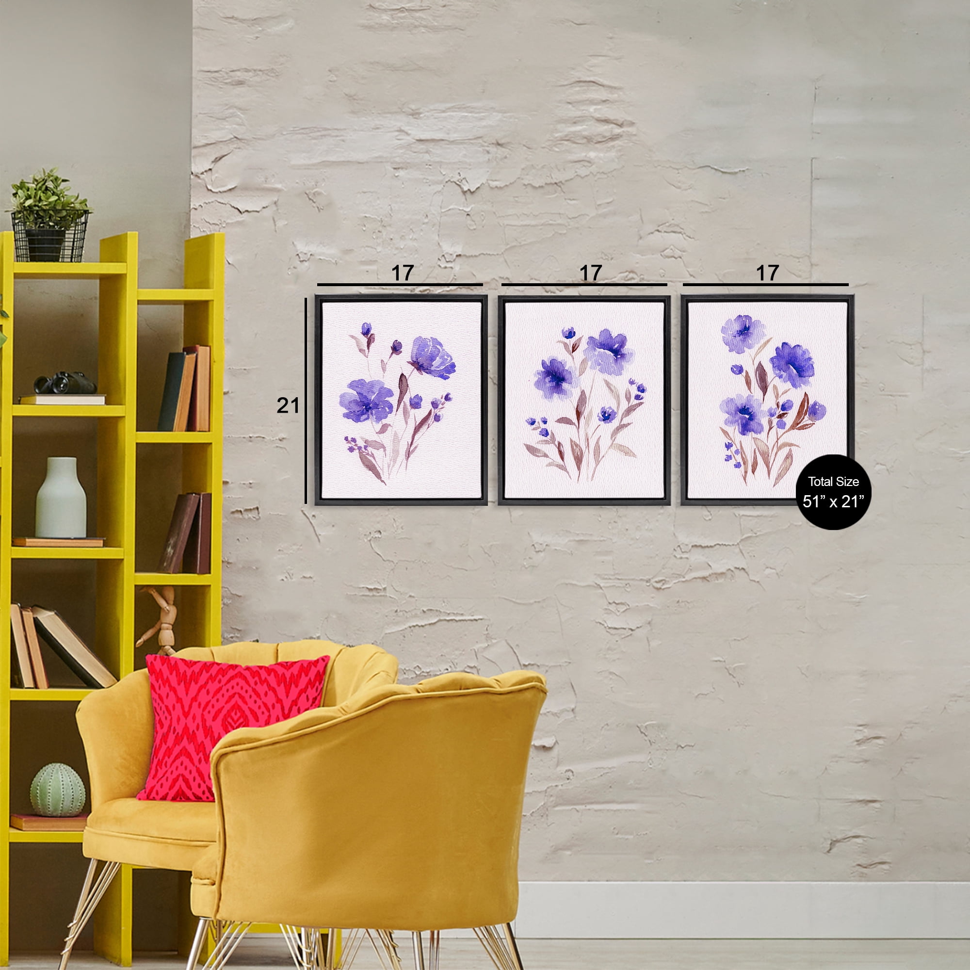 Stupell Industries Watercolor Purple Blooms 3 Piece Black Framed Floater Canvas Set, design by Leah Noel Art