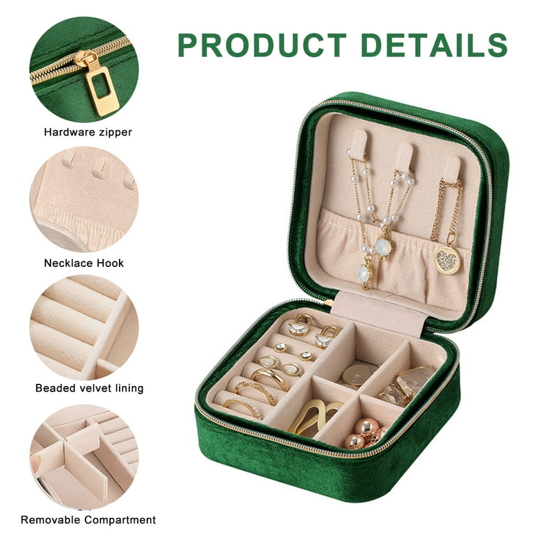 Travel velvet jewelry box, small portable organizer box with mirror, girl's  mini gift box, ringDark green 