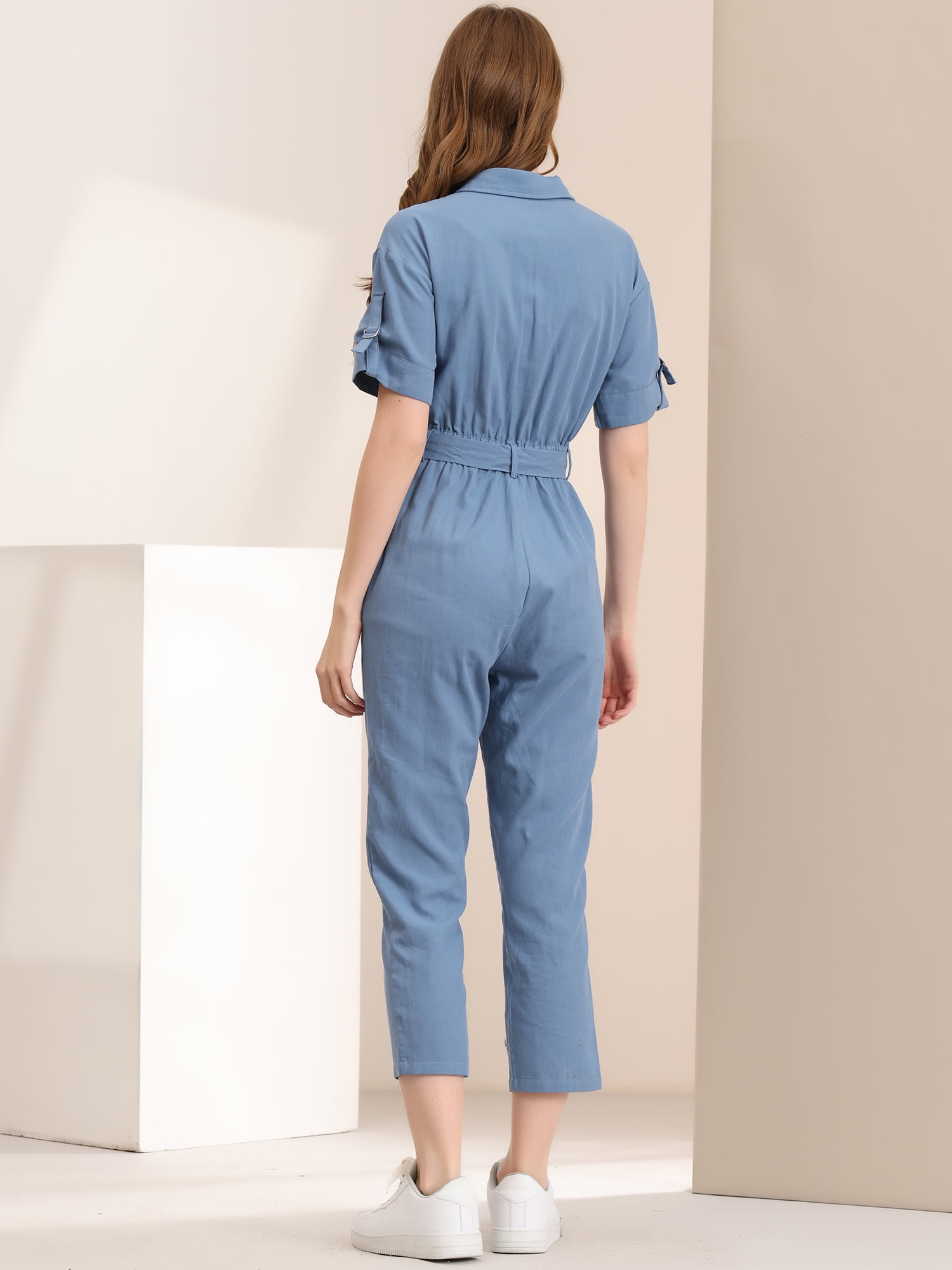 DARING DIVA Women's Button Up Tie Waist Jumpsuit with Pockets XL Blue