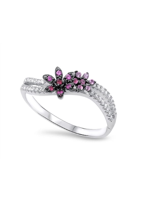 Waves Channel Flower Pink Simulated Ruby Cubic Zirconia Ring Sterling Silver 925