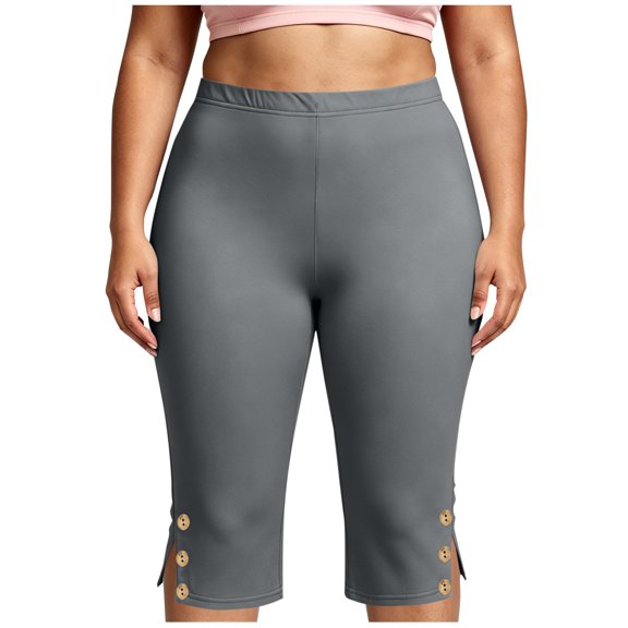 Noric Women's Plus Size High Waisted Capri Leggings with Side Button Slit Yoga Pants Tummy Control Workout Activewear