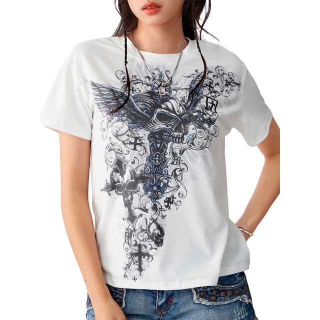 Faithtur T-Shirts à Manches Courtes pour Femmes Imprimé Skull Col Rond Été Décontracté Coupe Ample Mode Urbaine