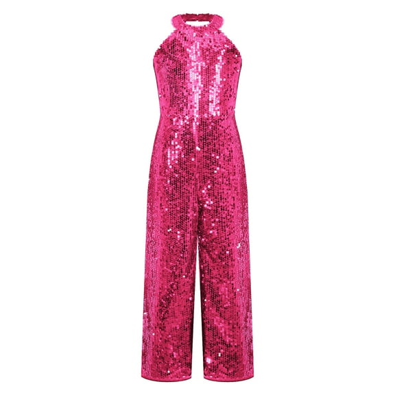 Alvivi Little Girls Shiny Sequins Halter Neck Jumpsuit Pageant Romper Summer Party Prom Formal Suit Hot Pink 6