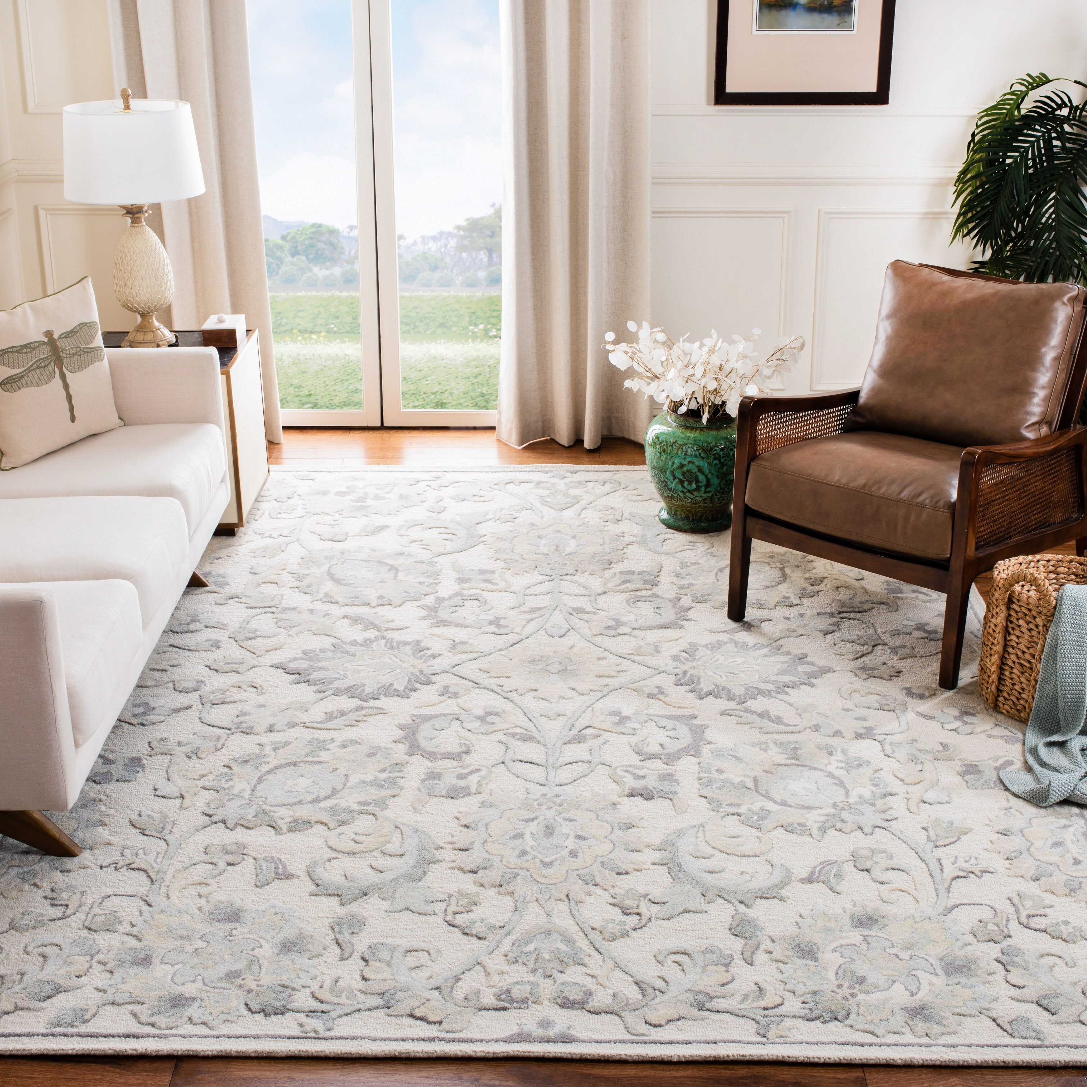 SAFAVIEH Glamour Catrine Bordered Wool Area Rug, Blue/Beige, 5' x 8'