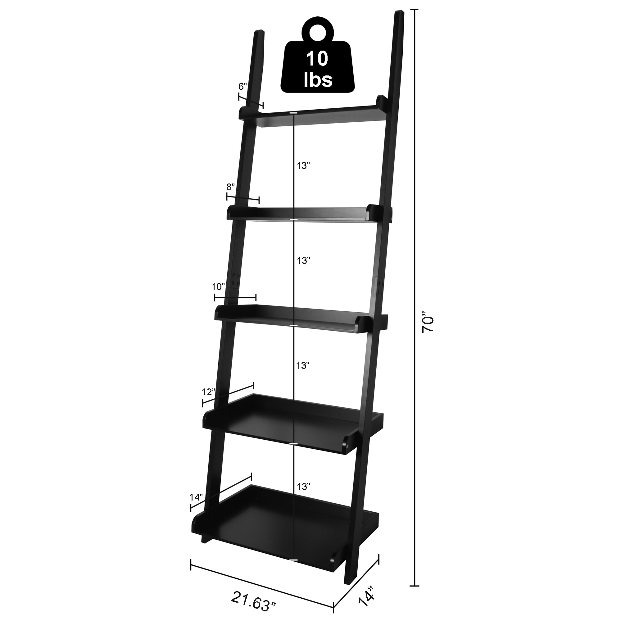 eHemco 5 Tier Ladder Leaning Wall Bookcase, Storage Bookshelf, 70 Inches, Black