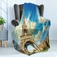 thumbnail image 4 of Paris Soft Flannel Fleece Blanket, Famous Eiffel Tower France and Cloudy Autumn Sky Bare Branched Trees Fall Season, Cozy Plush for Indoor and Outdoor Use, 70" x 90", Blue and Beige, by Ambesonne, 4 of 5