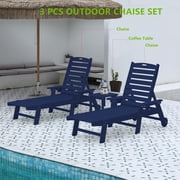 Aukfa 3 Pcs Outdoor Patio Chaise Lounge w/ Coffee Table&Cup Holder, Adjustable Backrest, HDPE, Navy